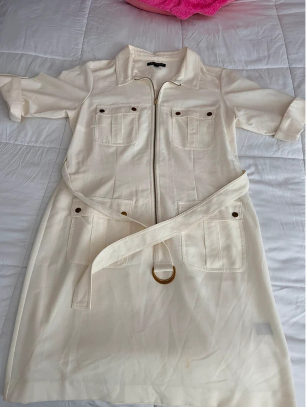 Cream mini dress with belt and zipper detail, size 18
